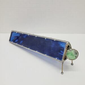 Vtg Blue Stained Glass Large Green Marble Handmade Triangular Kaleidoscope 9”